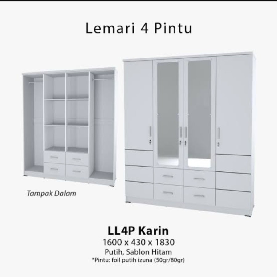 lemari pakaian lemari baju 4 pintu putih minimalis laci LL4P GSTAR